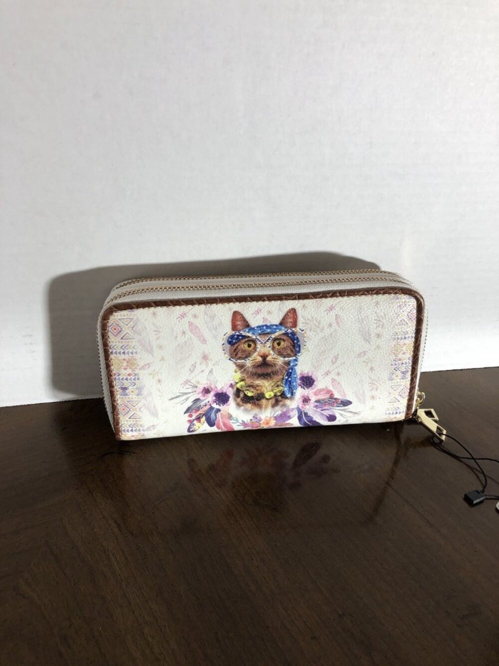 Brentano Boho Boo Feline Double Zip Wristlet Wallet 8” x 4”